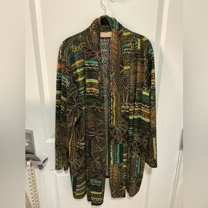 1X slinky knit open jacket, multicolored.